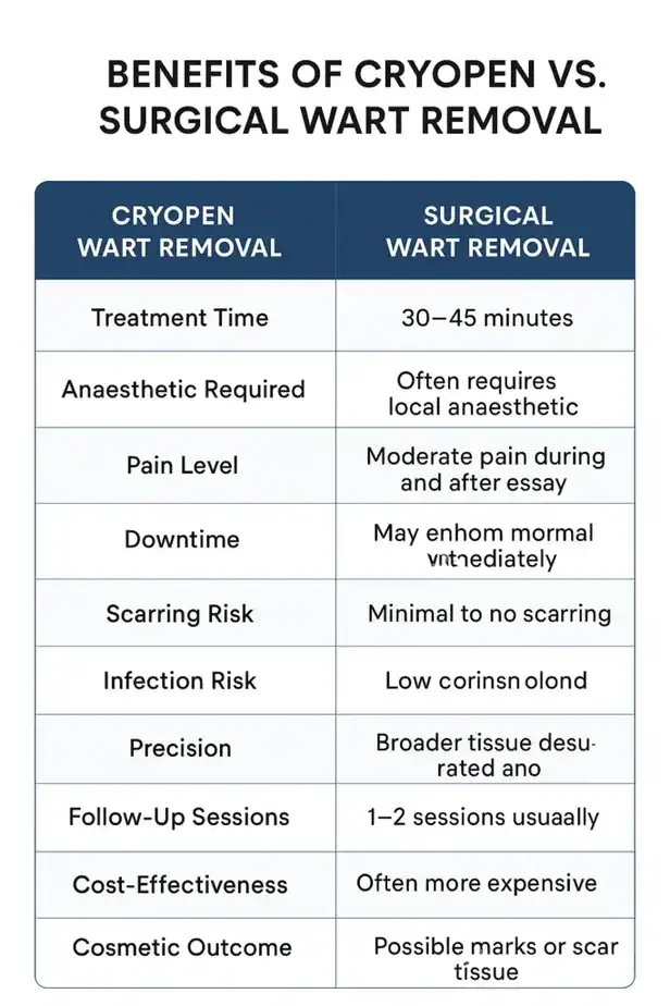 Table showing the benefits of cryopen to remove warts Borehamwood compared to surgical treatment